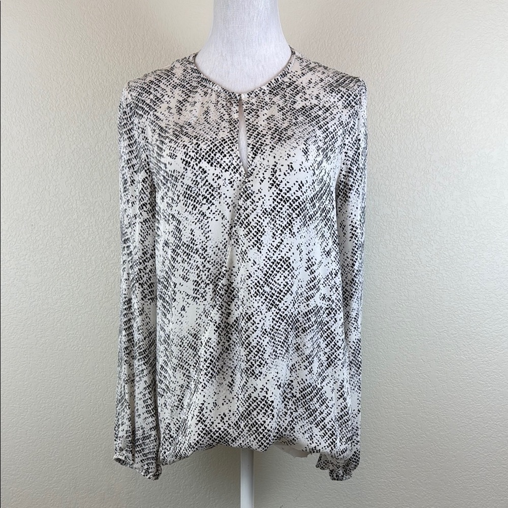 Parker White and Black Long Sleeve 100% Silk Wrap Blouse Size Small